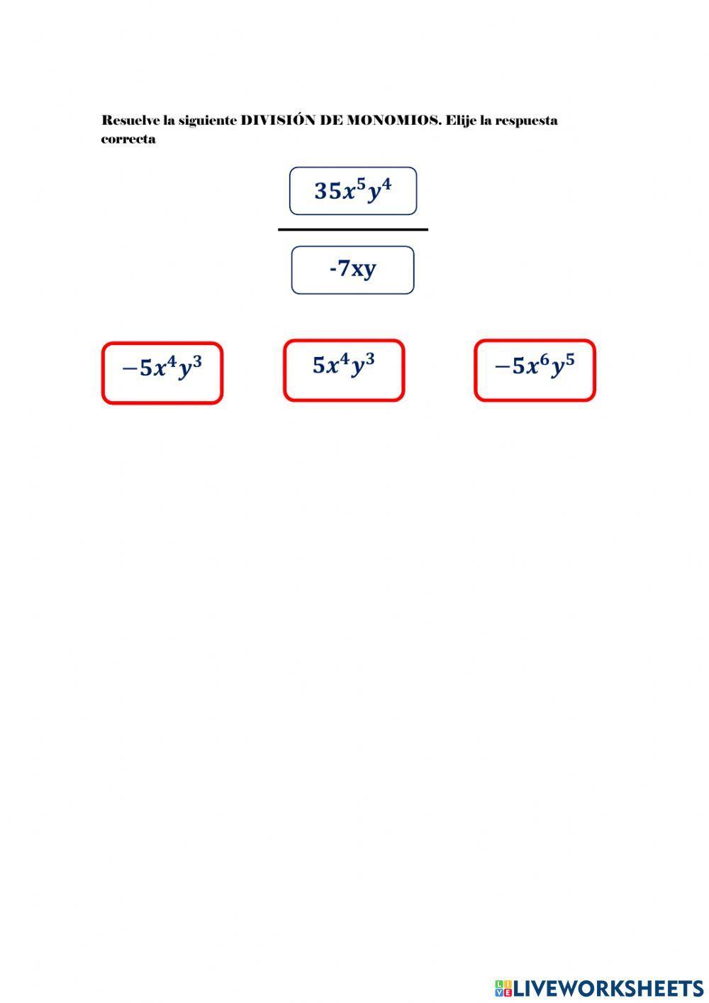Suma, resta, multiplicación y división de monomios
