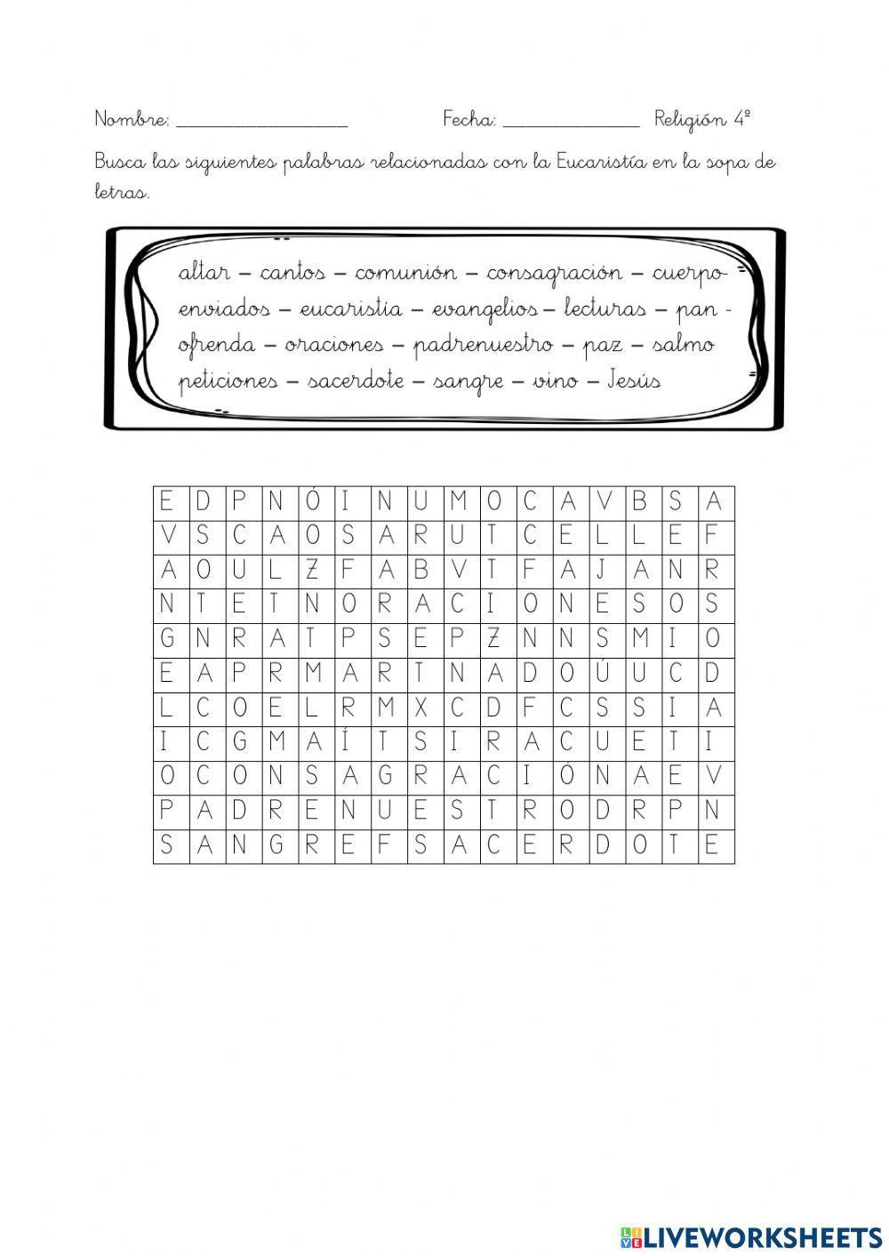 Sopa de letras Eucaristía Sopa de letras Eucaristía