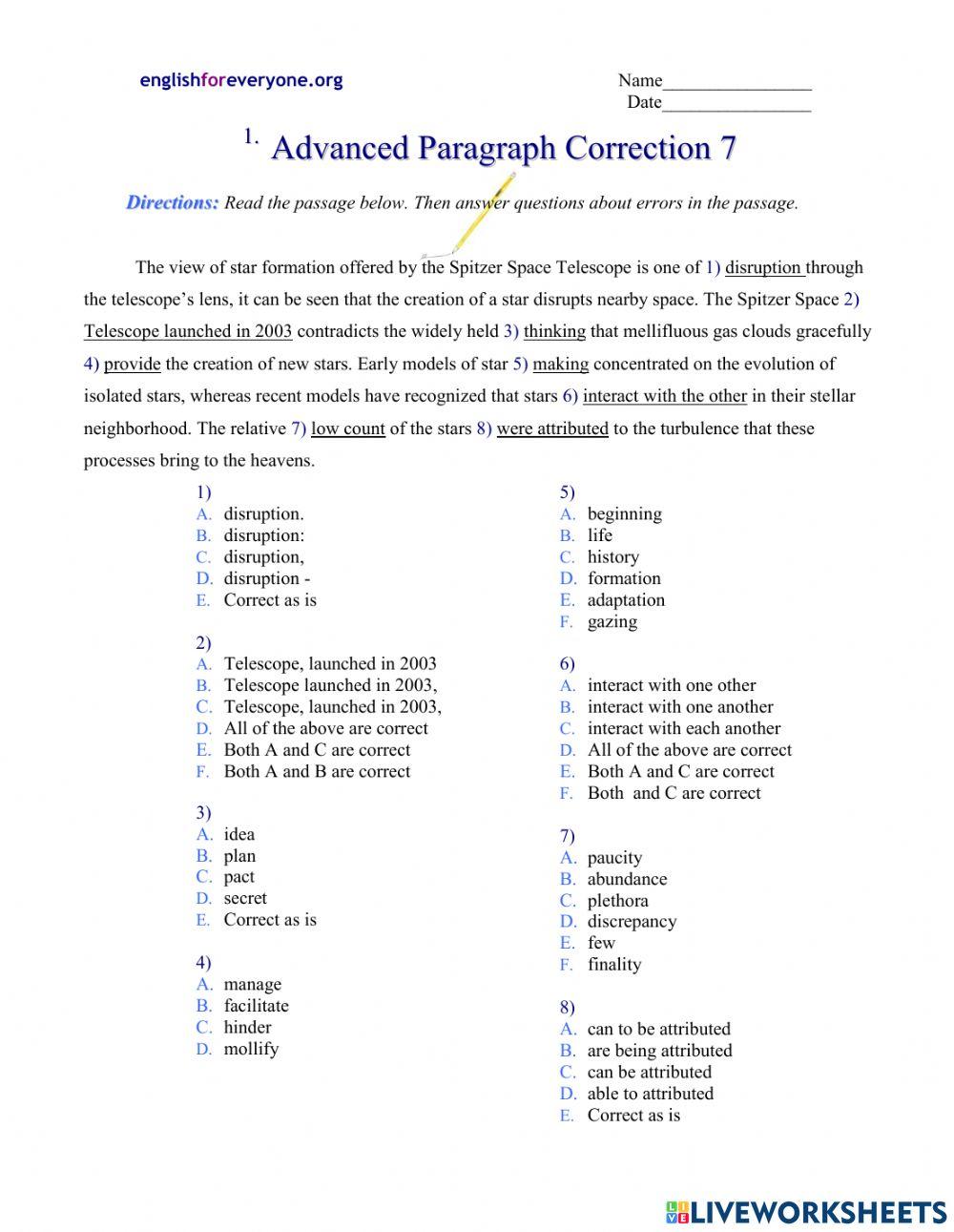 Advanced Paragraph Correction 7 worksheet Live Worksheets
