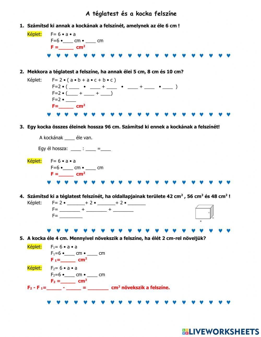 A téglatest és a kocka felszíne