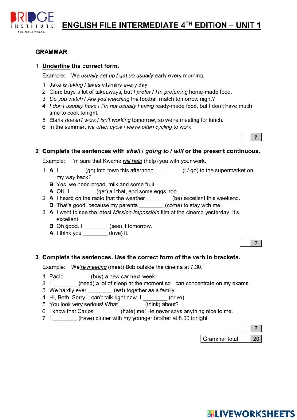 ENGLISH FILE INTER 4TH unit 1
