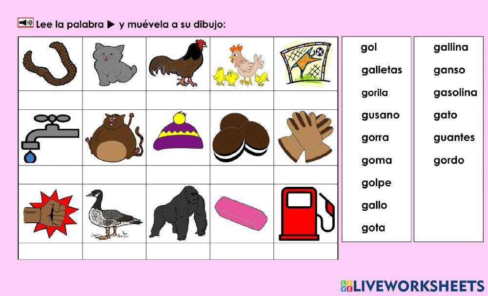 Gg: Leer y poner la palabra debajo de su dibujo