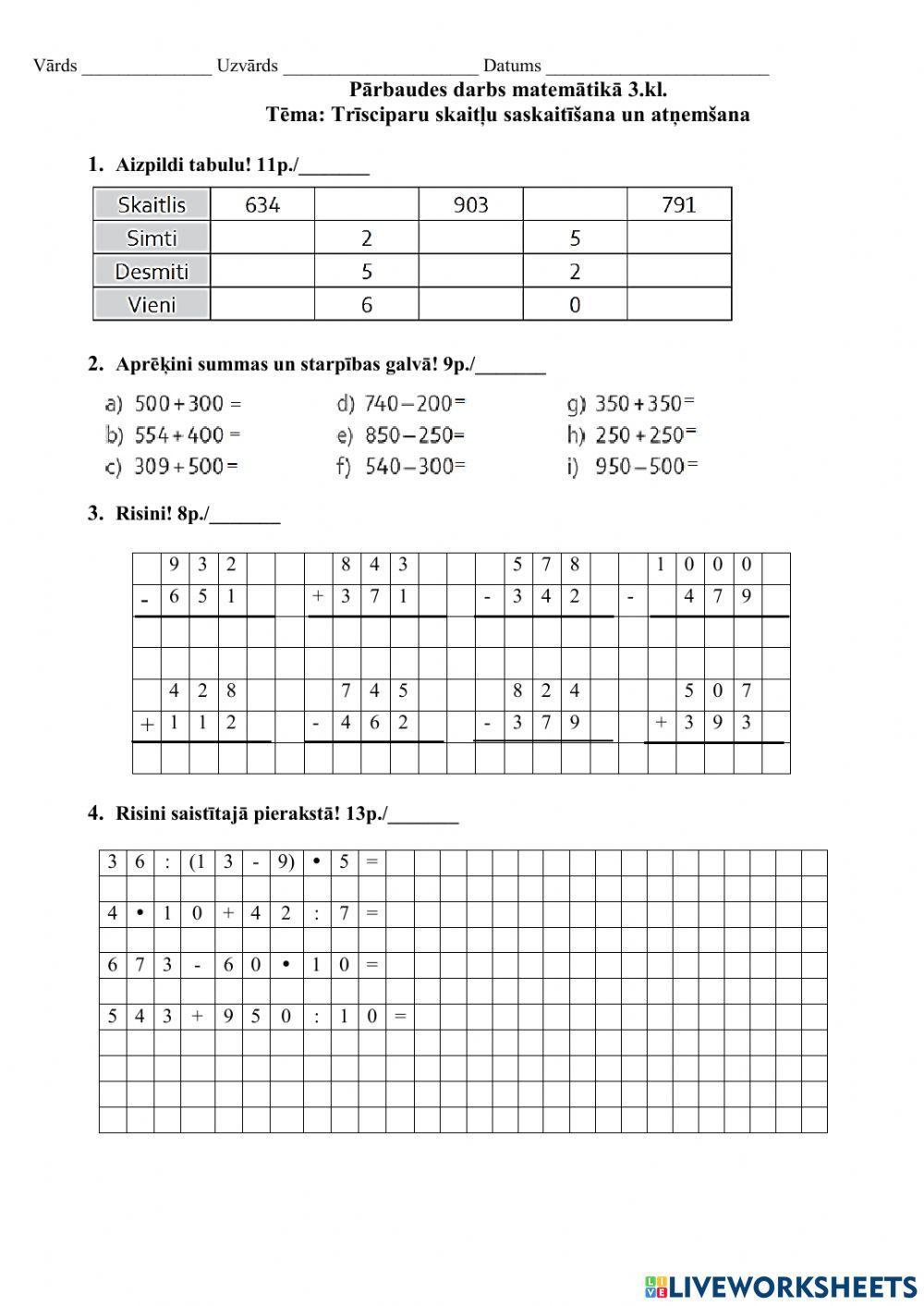 Pārbaudes darbs matemātikā 3.kl.