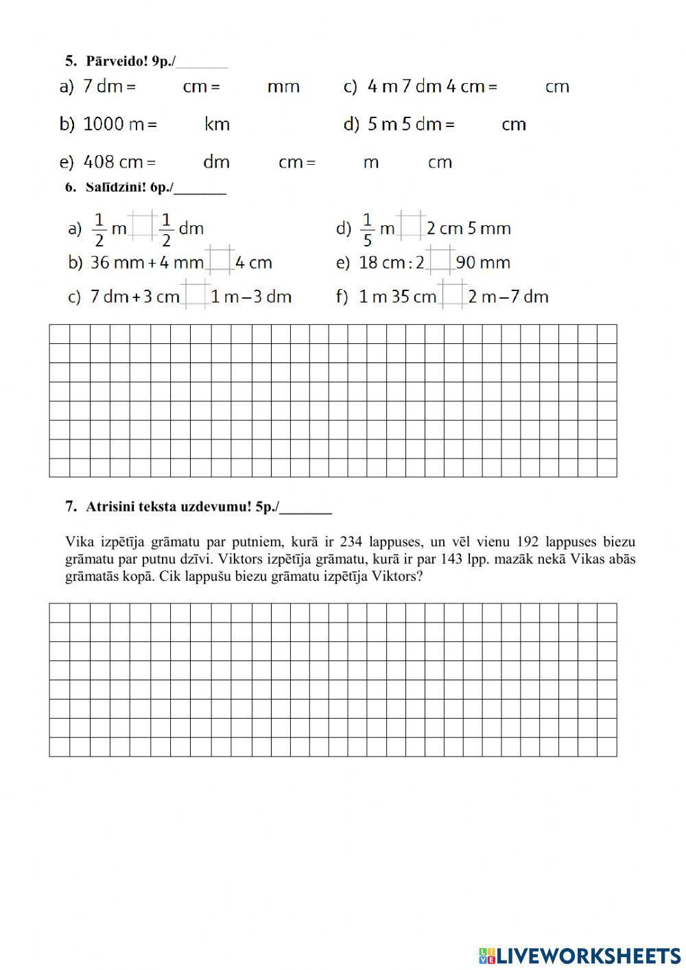 Pārbaudes darbs matemātikā 3.kl.