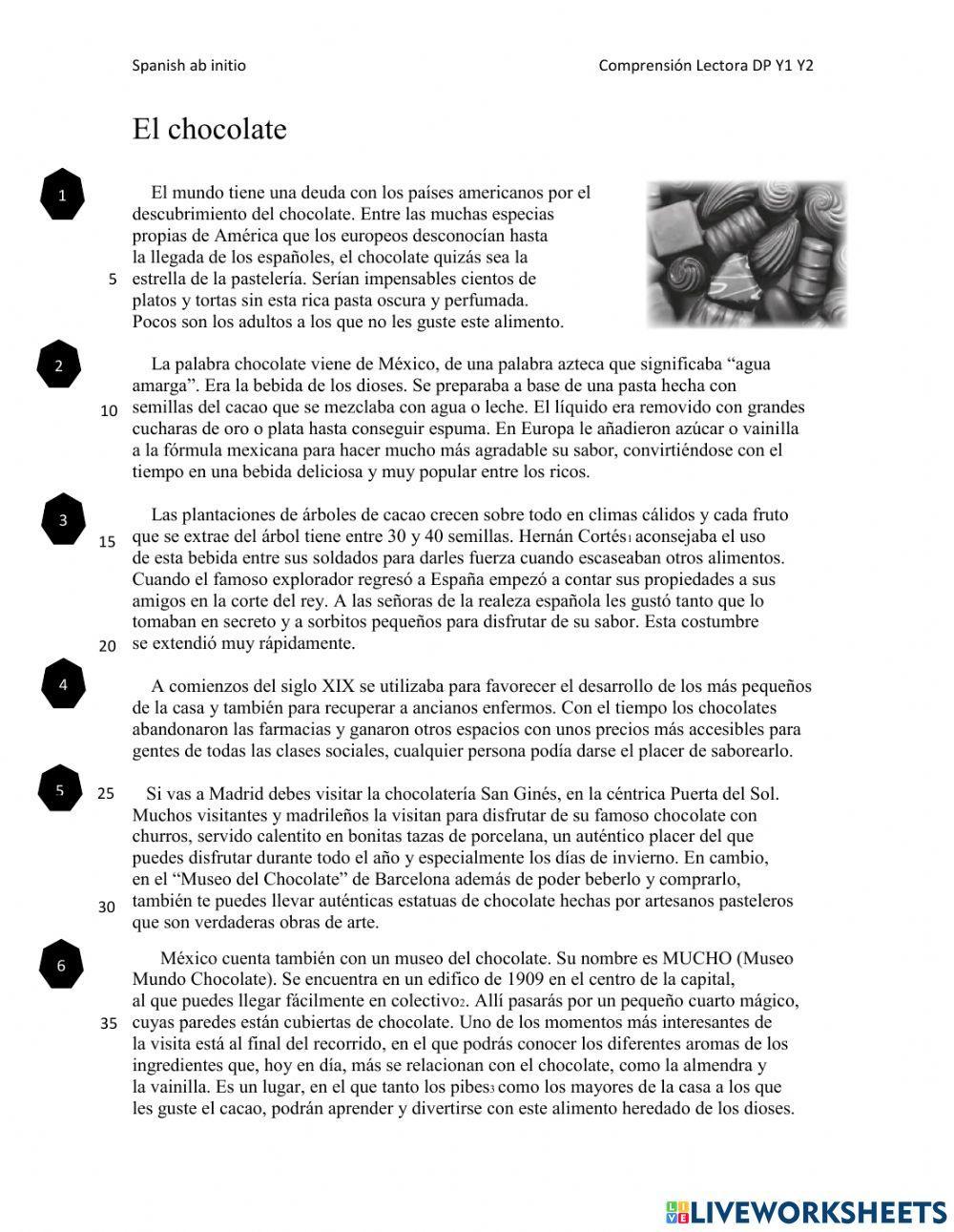 El chocolate Spanish ab initio Comprensión Lectora