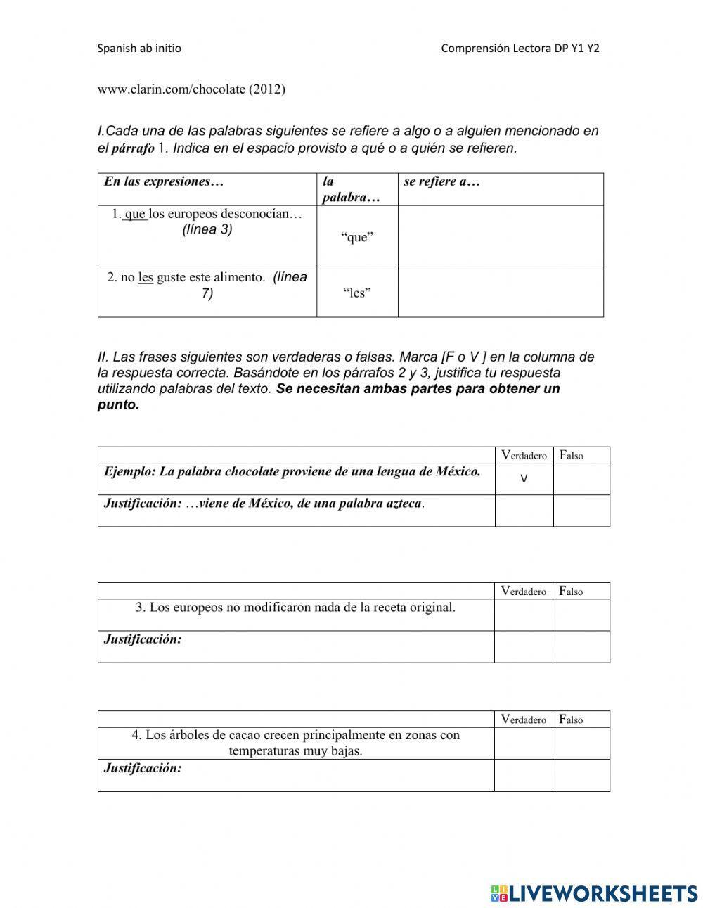 El chocolate Spanish ab initio Comprensión Lectora