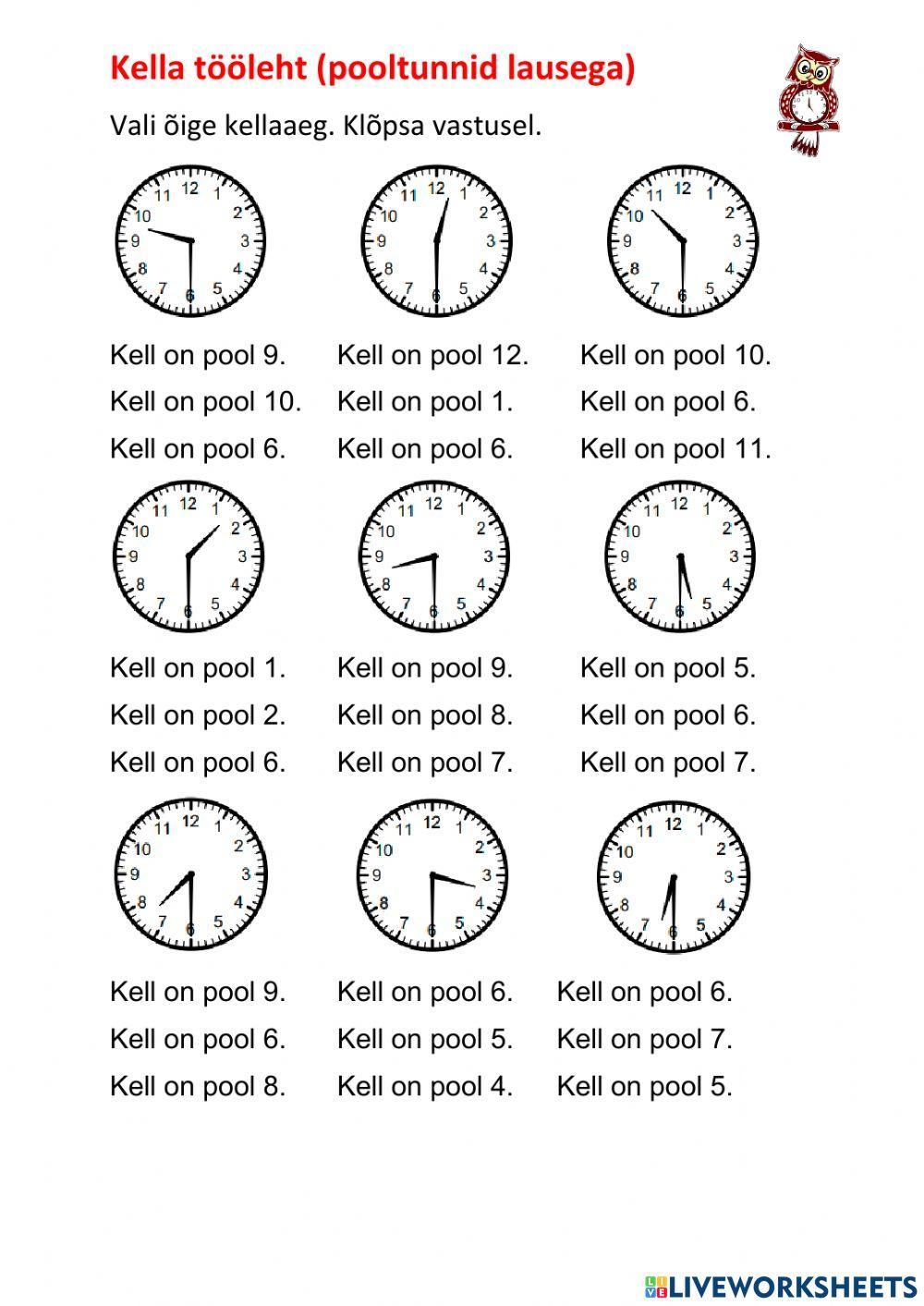 Kella tööleht (pooltunnid lausega) 2a Kella tööleht (pooltunnid lausega) 2a