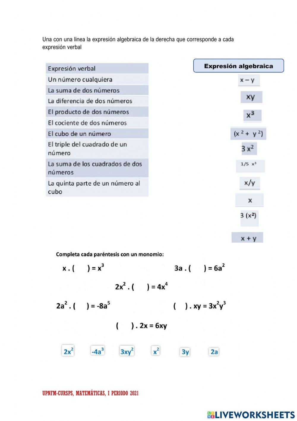 Actividad de expresiones algebraicas