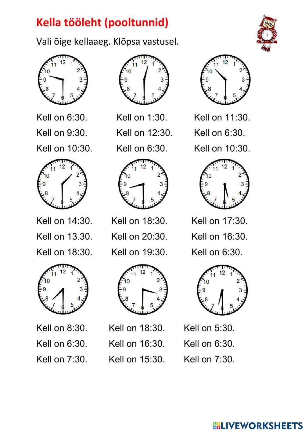 Kella tööleht (pooltunnid) 2b Kella tööleht (pooltunnid) 2b