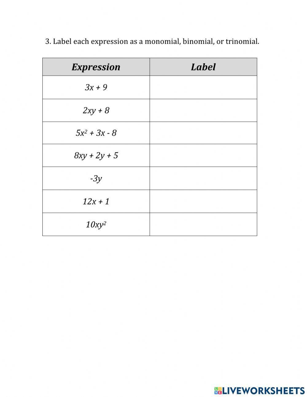 Grade 9 Polynomial Vocabulary Practice