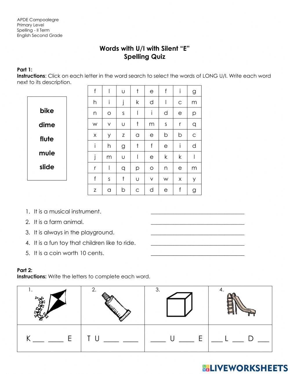 Words with long u and i quiz