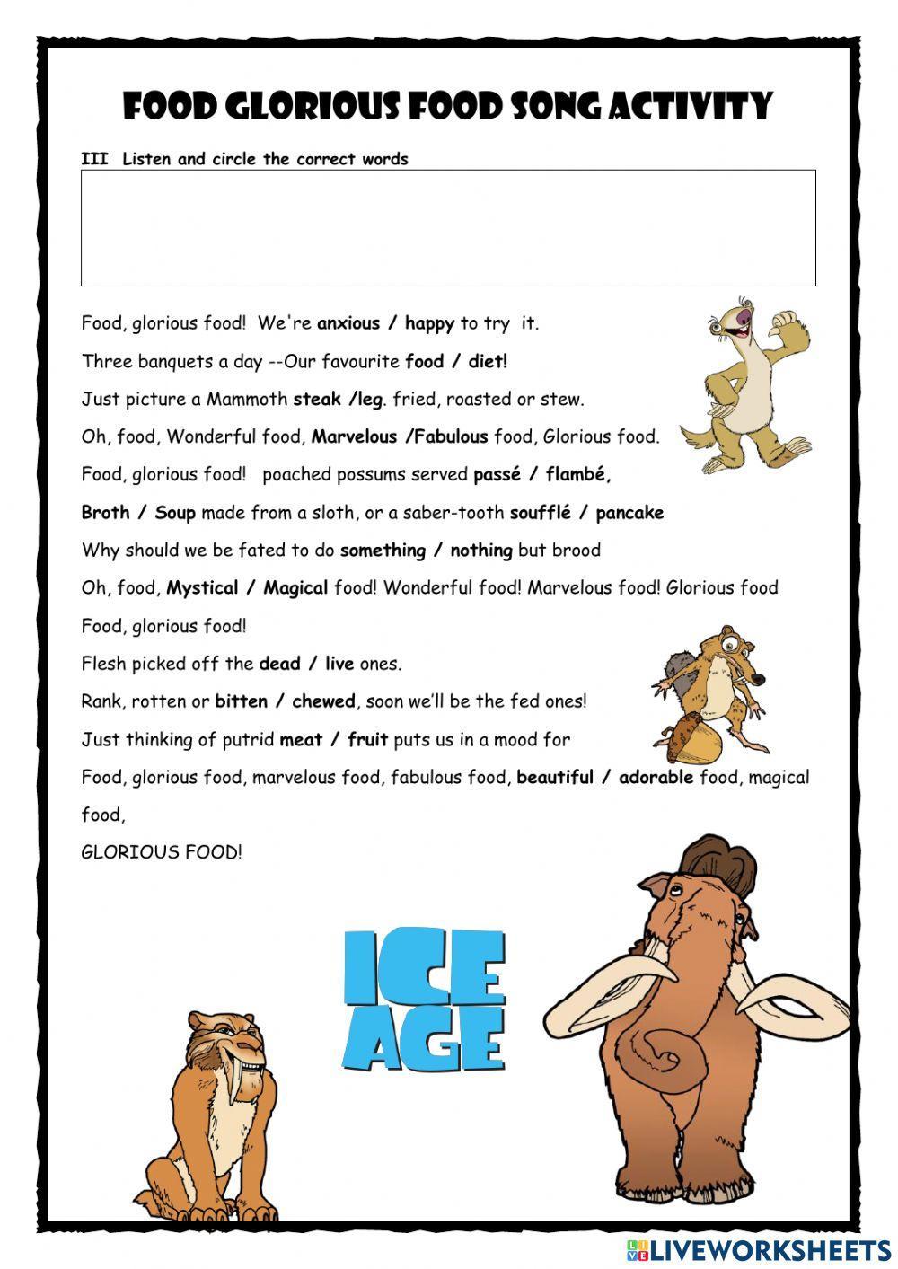 Food Glorious Food Song Activity