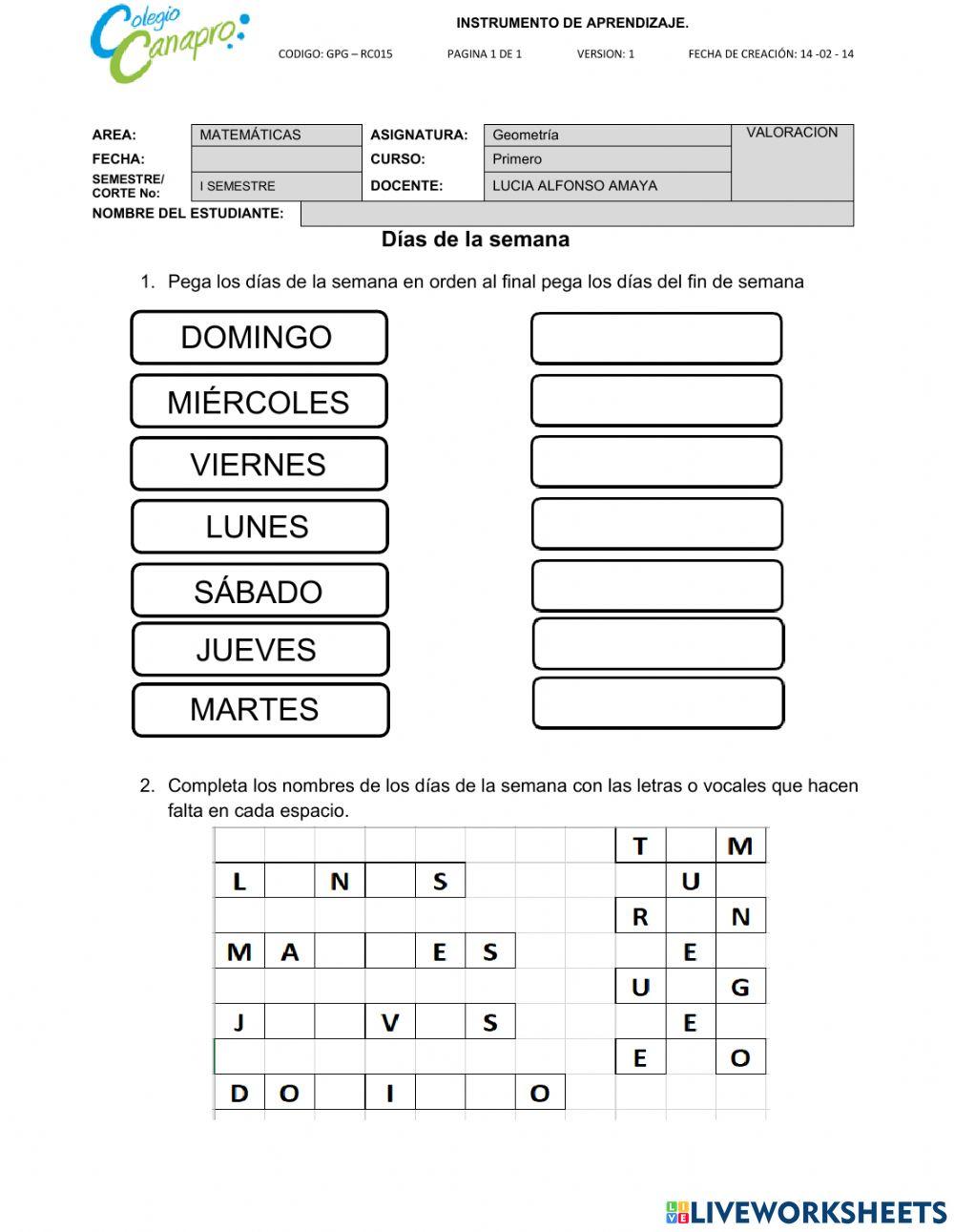 Días de la semana exercise for primero Live Worksheets