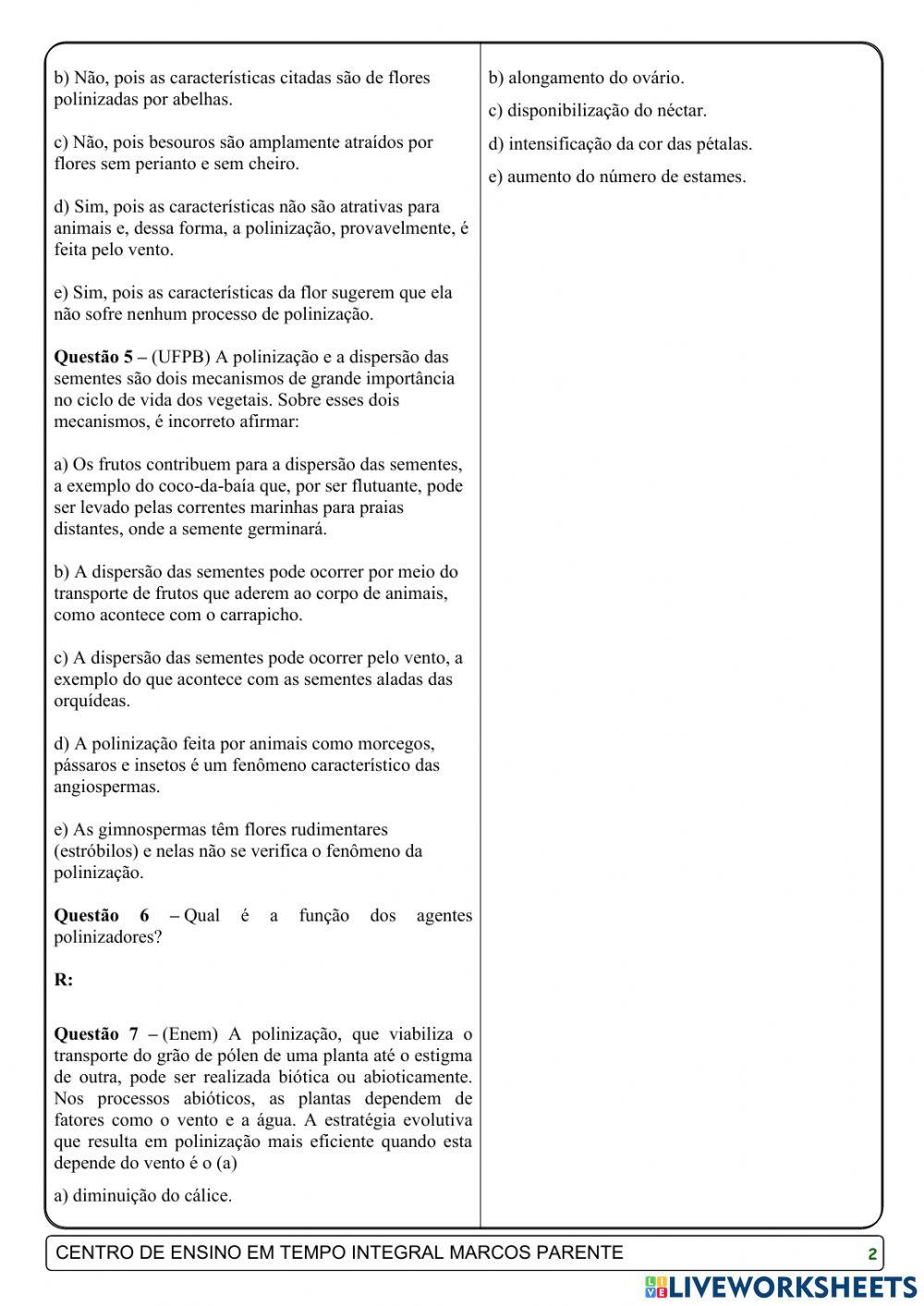 Atividade sobre polinização
