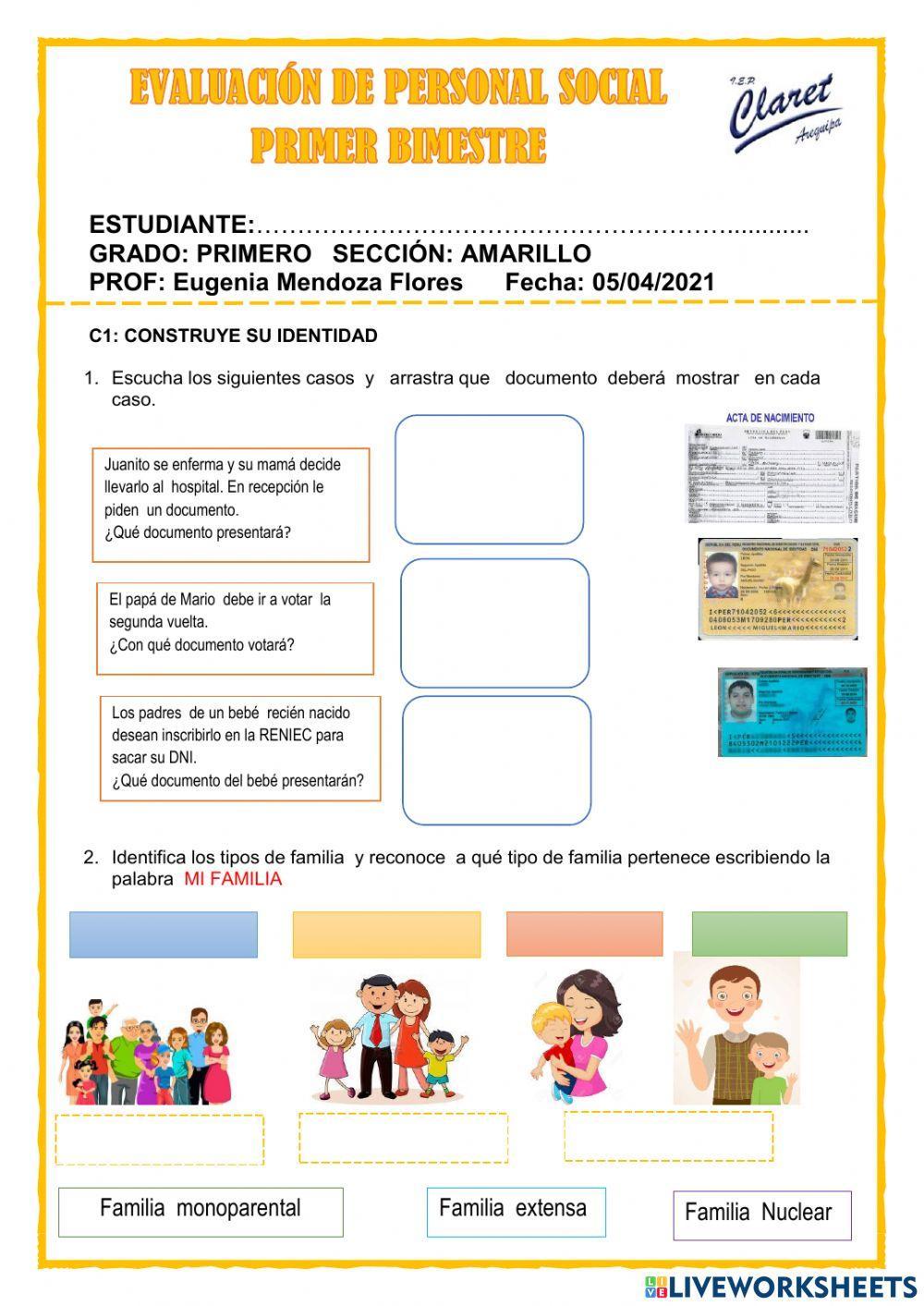 Evaluación del i bimestre personal social