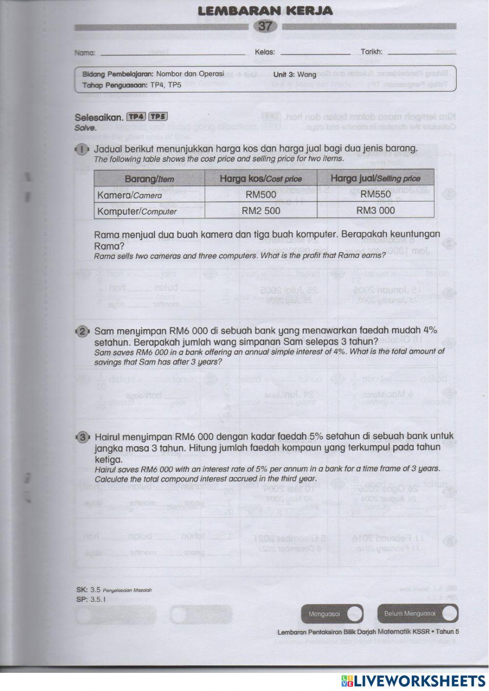 Penyelesaian masalah WANG - TAHUN 5