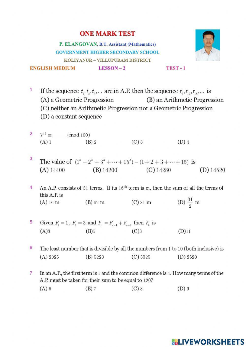 Class 10 Maths English Medium Lesson2 Test 1