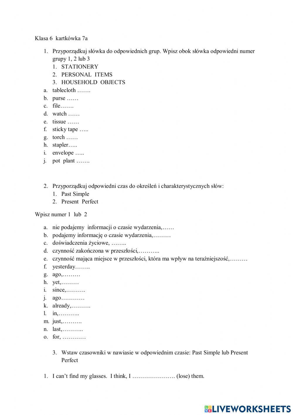 Kartkówka kasa 6 7a