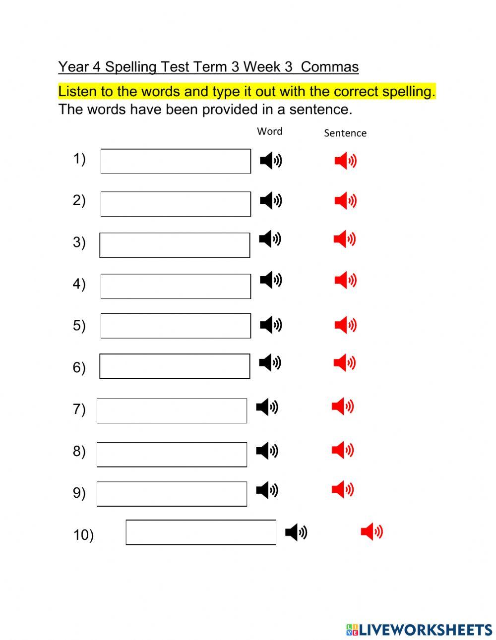 Spelling Test Term 3 Week 3 Commas
