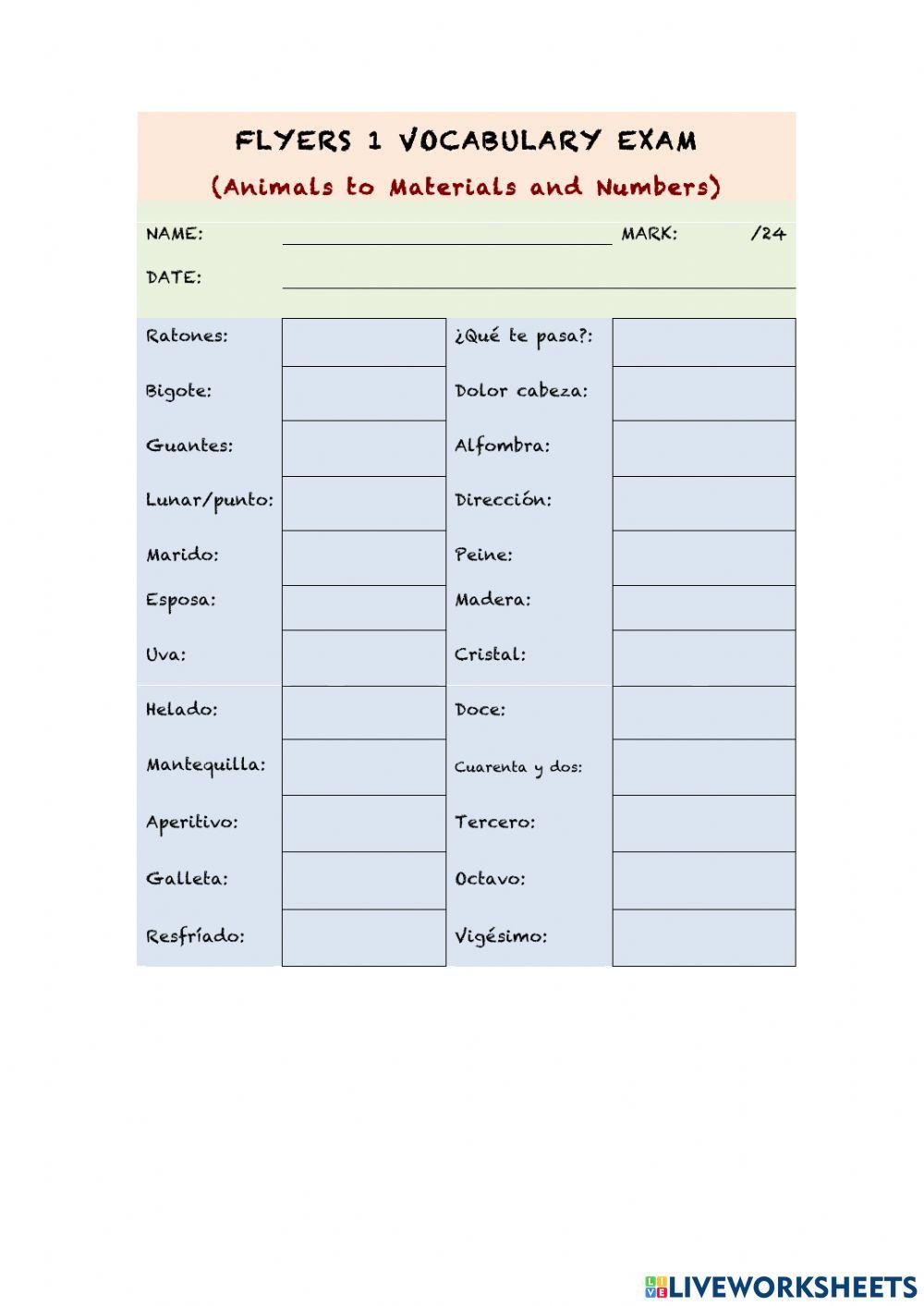 Flyers 1 Vocabulary Exam (Animals to Materials and Numbers) 7