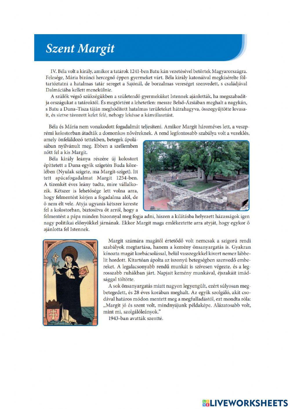 Szent Margit- Szövegértés