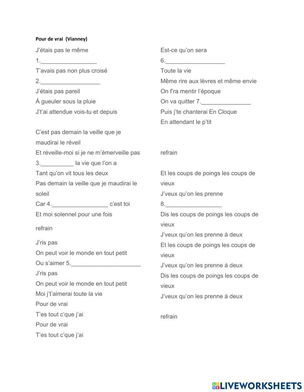 Chanson pour de vrai vianney worksheet Live Worksheets