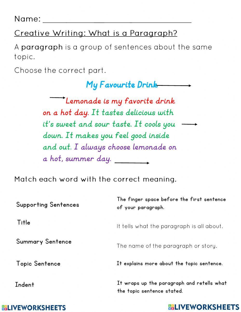 Parts of a Paragraph Review | MBCAG2 | Live Worksheets