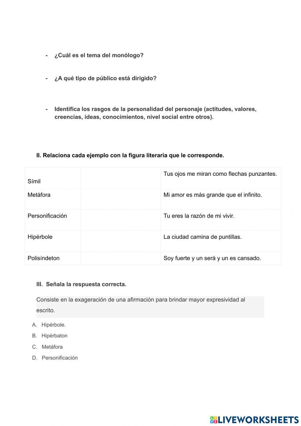 Evaluación sobre figuras literarias y monólogo 