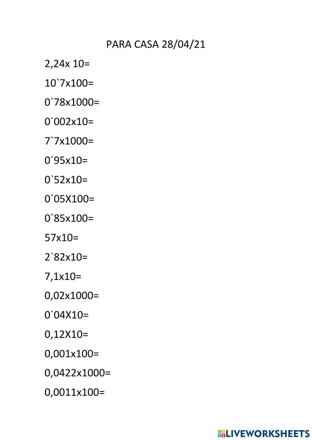 Multiplicaciones decimales x 10,100,1000