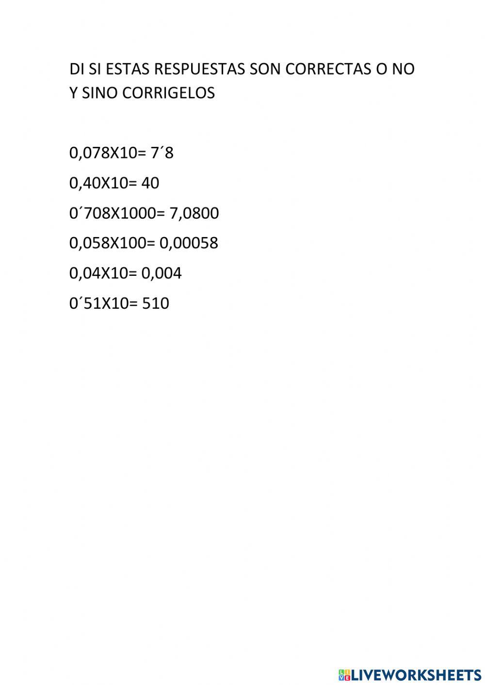 Multiplicaciones decimales x 10,100,1000