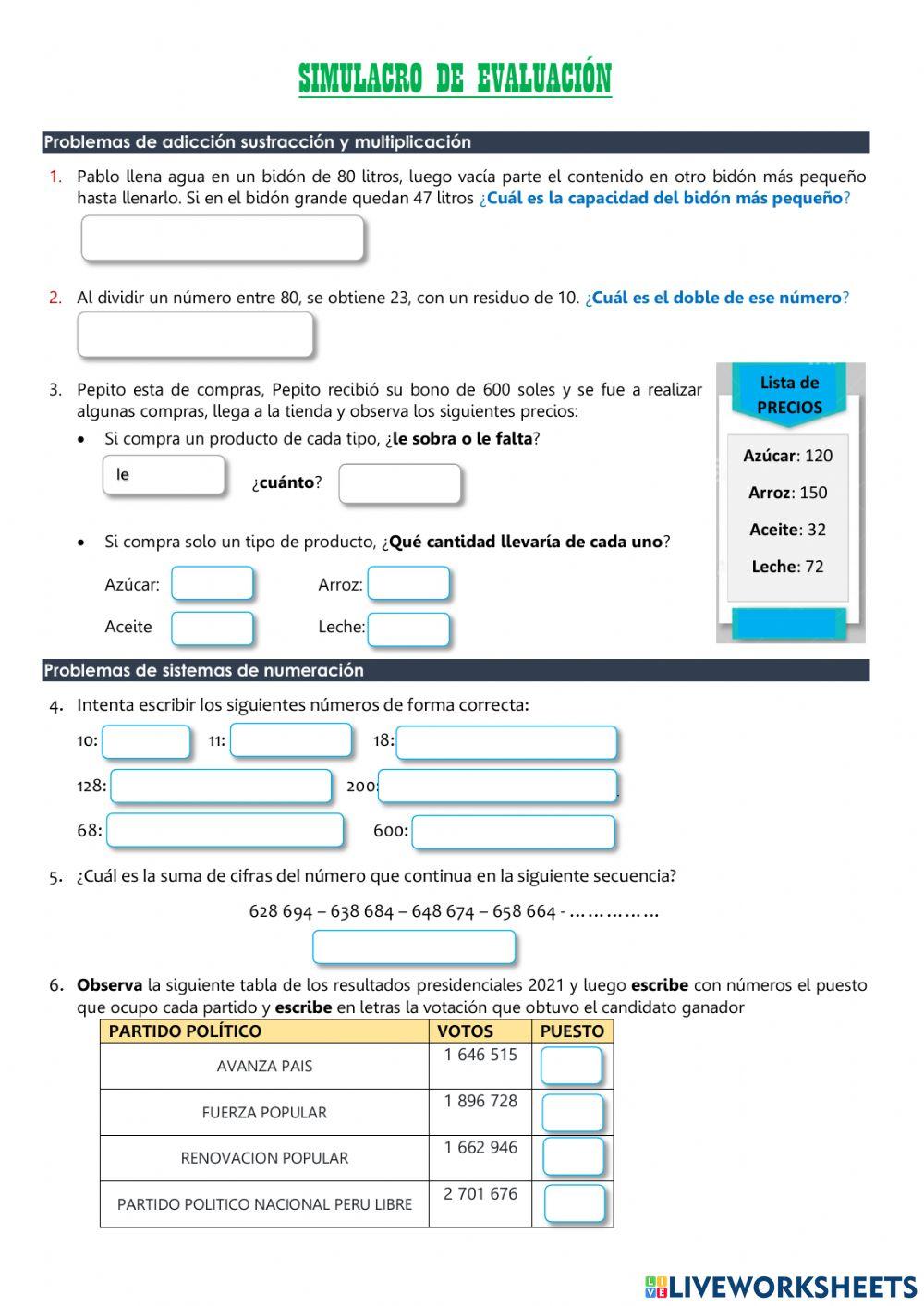 Evaluación 1 sexto grado