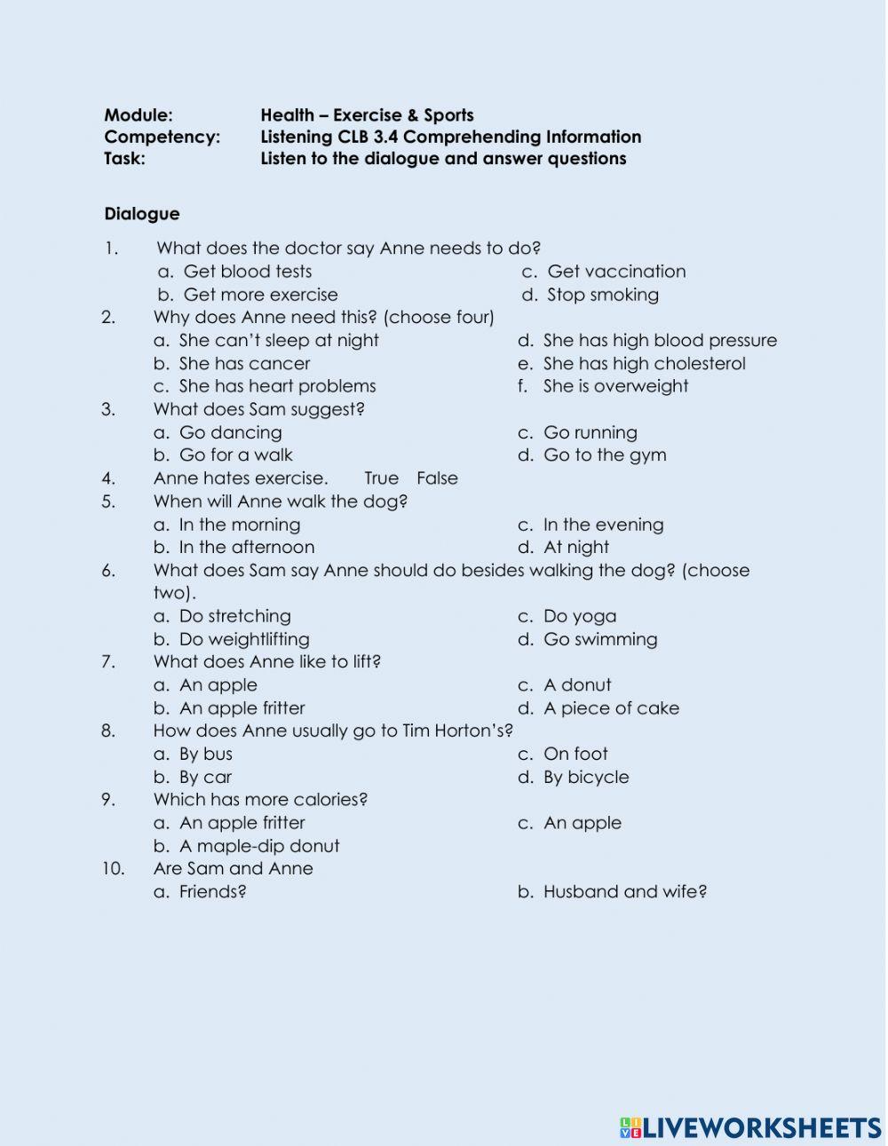 Listening CLB 3.4 CI - Understand Exercise-Hater Dialogue