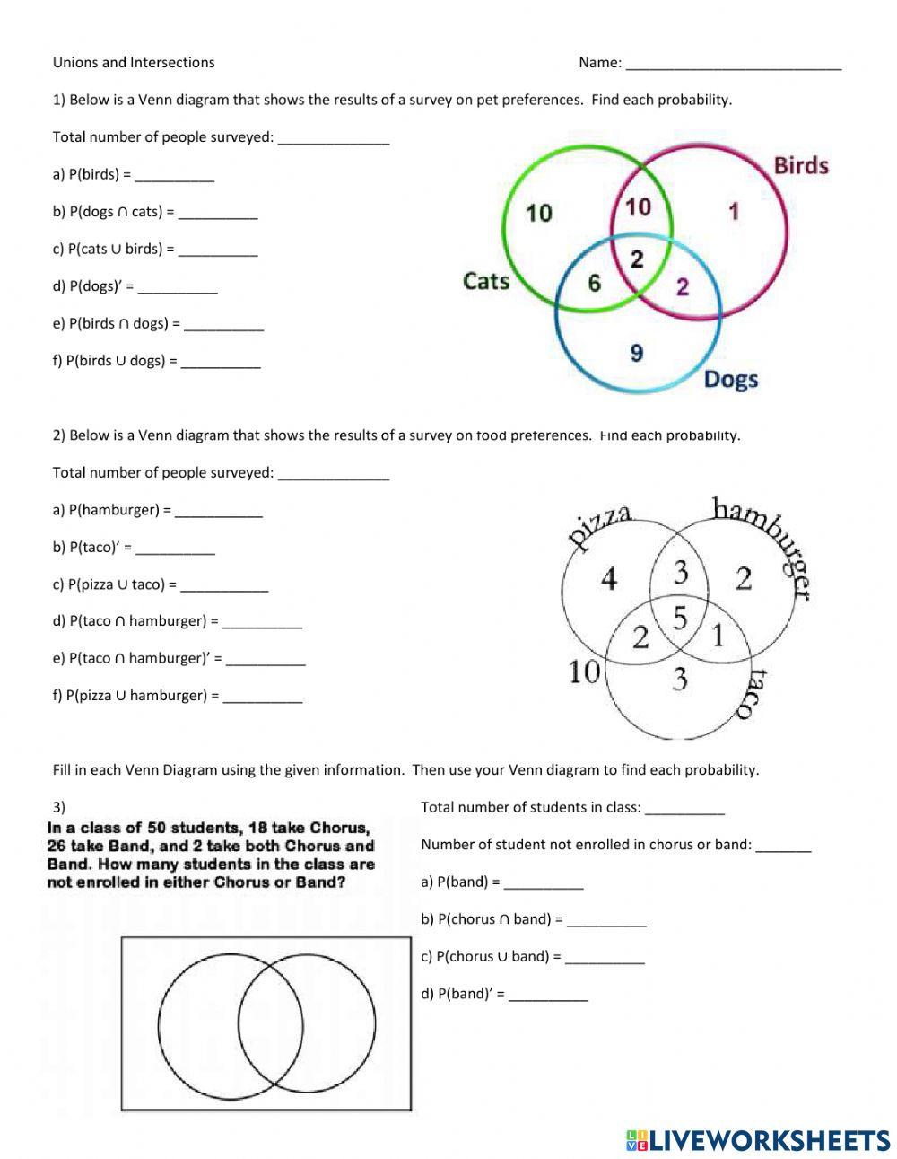 Probability Venn Diagrams online exercise for Live Worksheets