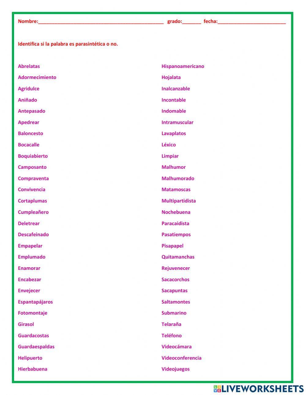 Palabras parasintéticas