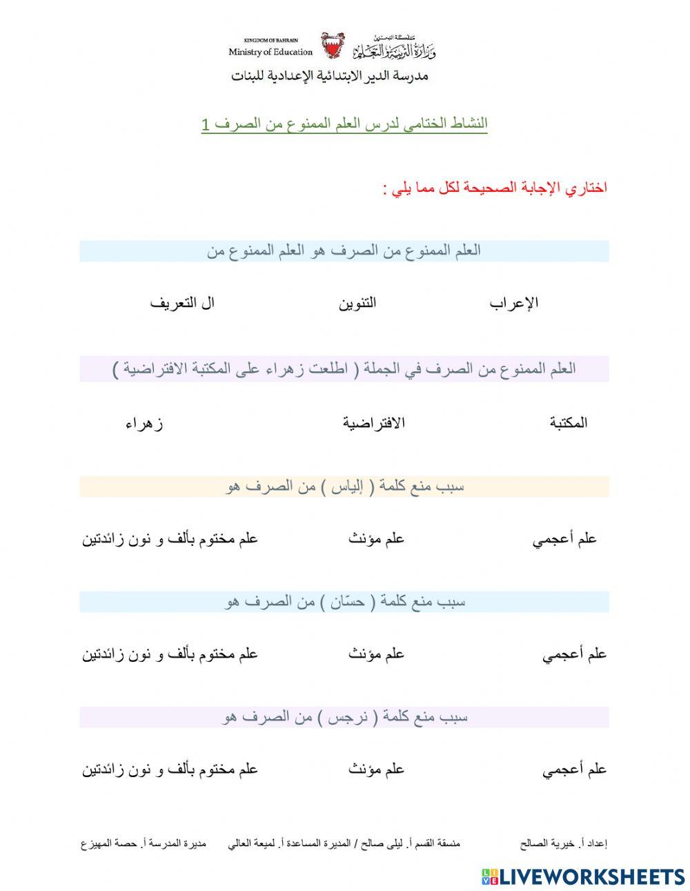 النشاط الختامي لدرس العلم الممنوع من الصرف 1