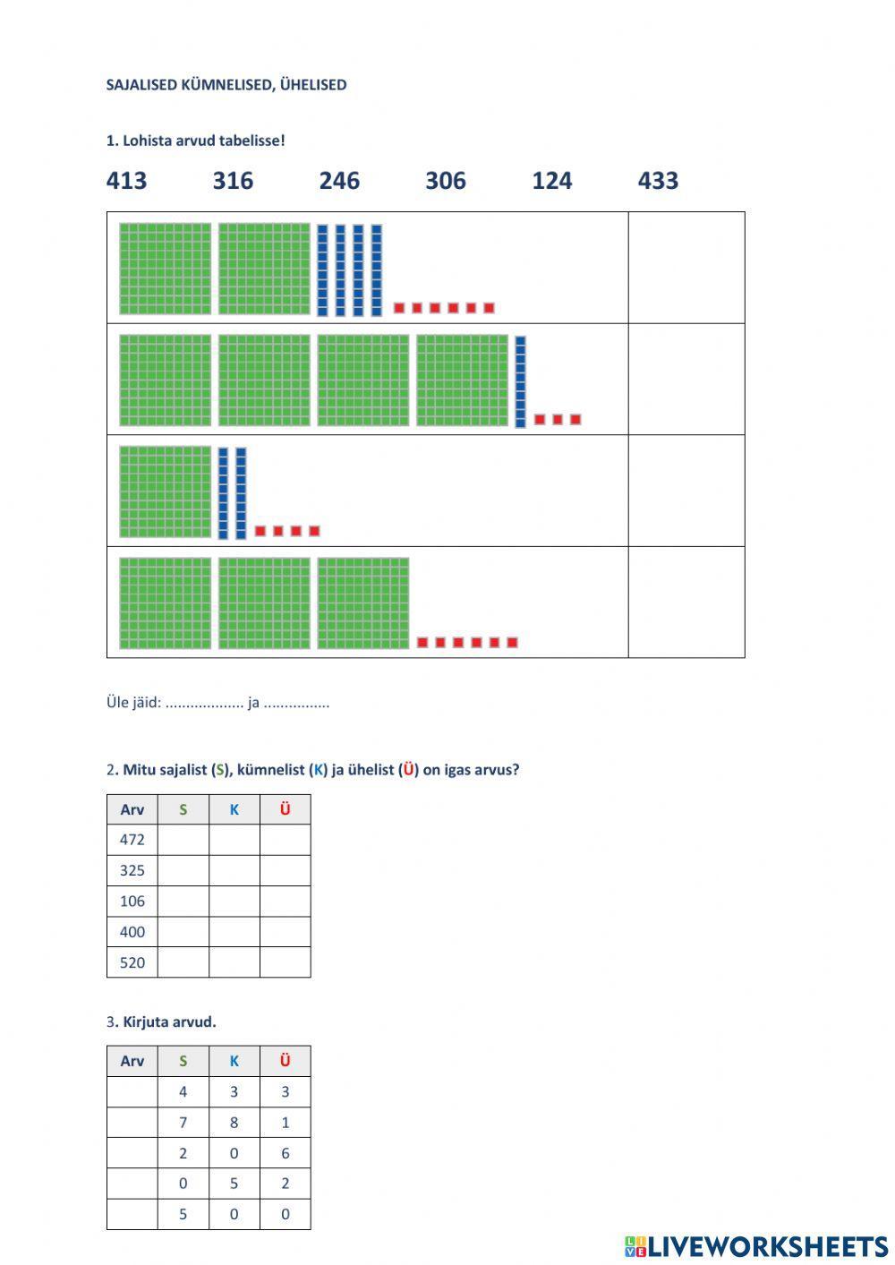 Sajalised, kümnelised, ühelised. 2.klass