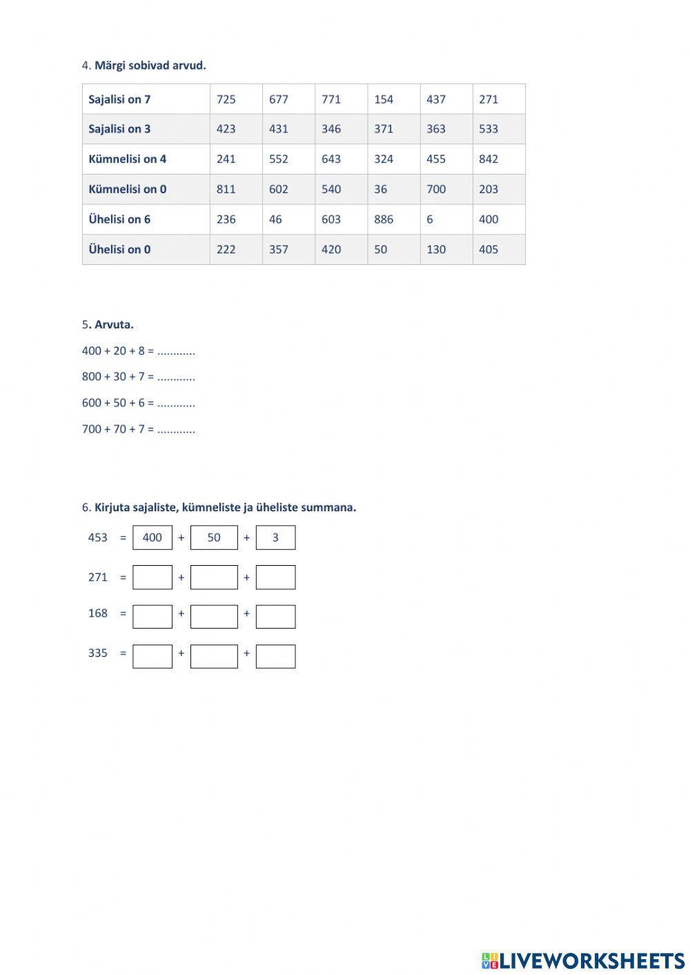 Sajalised, kümnelised, ühelised. 2.klass