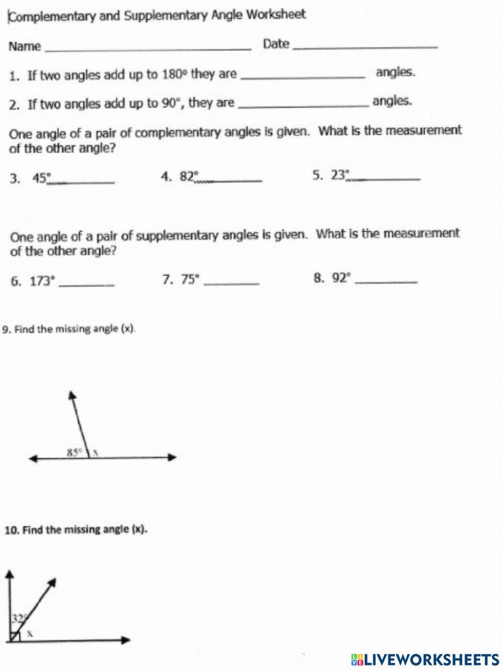 Complementary and Supplementary Angle Worksheet