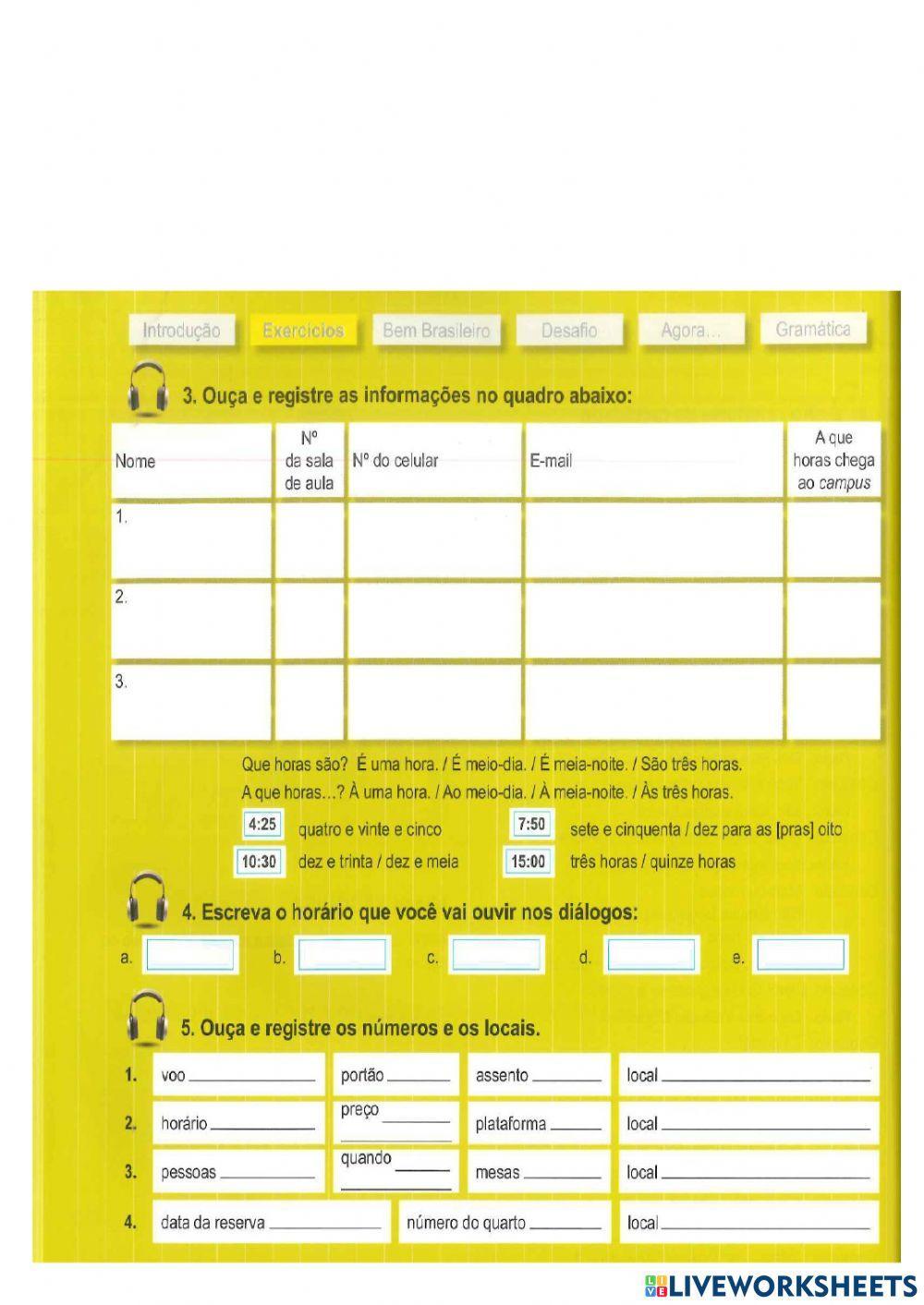 Praticando números e horas