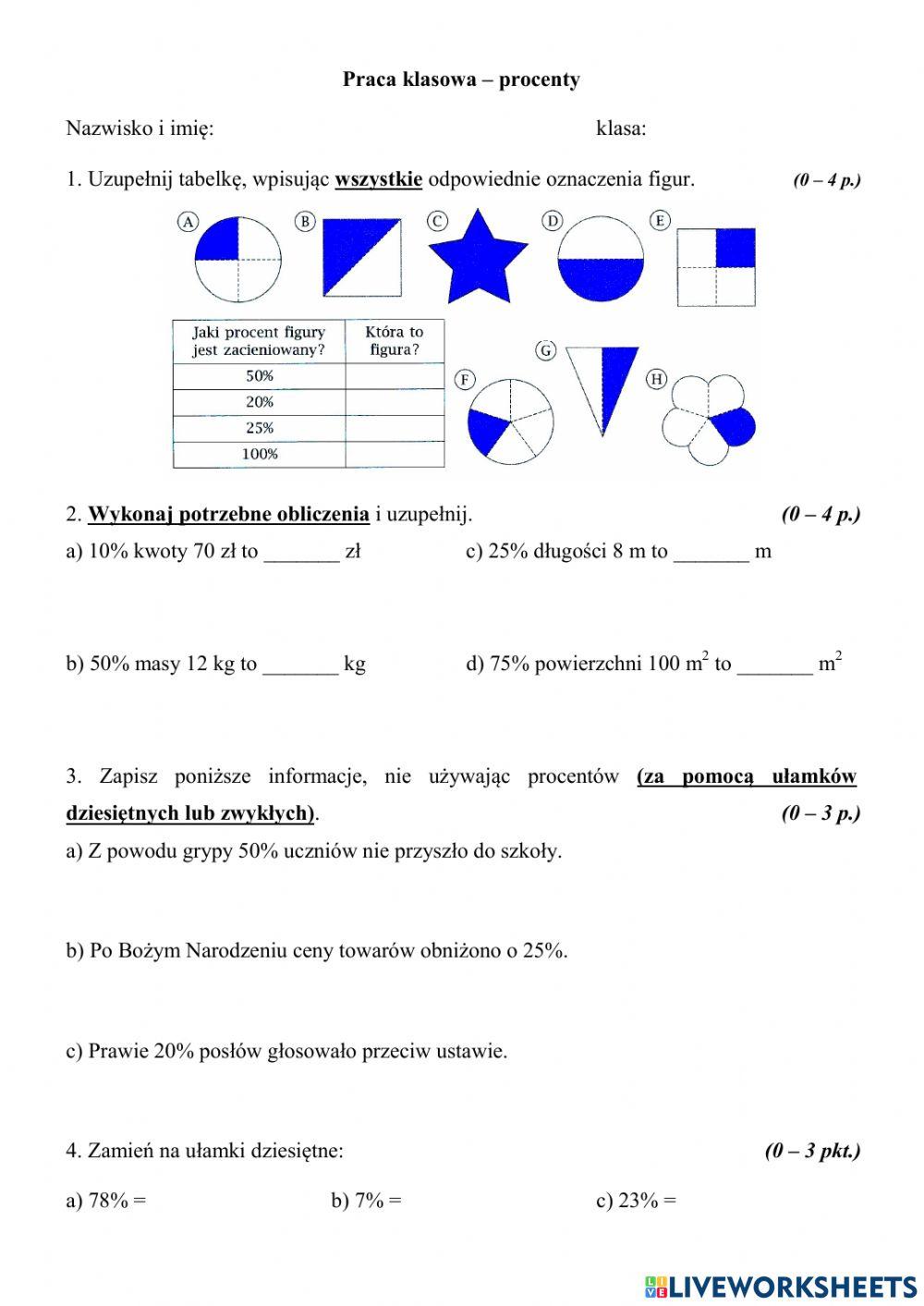 Praca klasowa - procenty