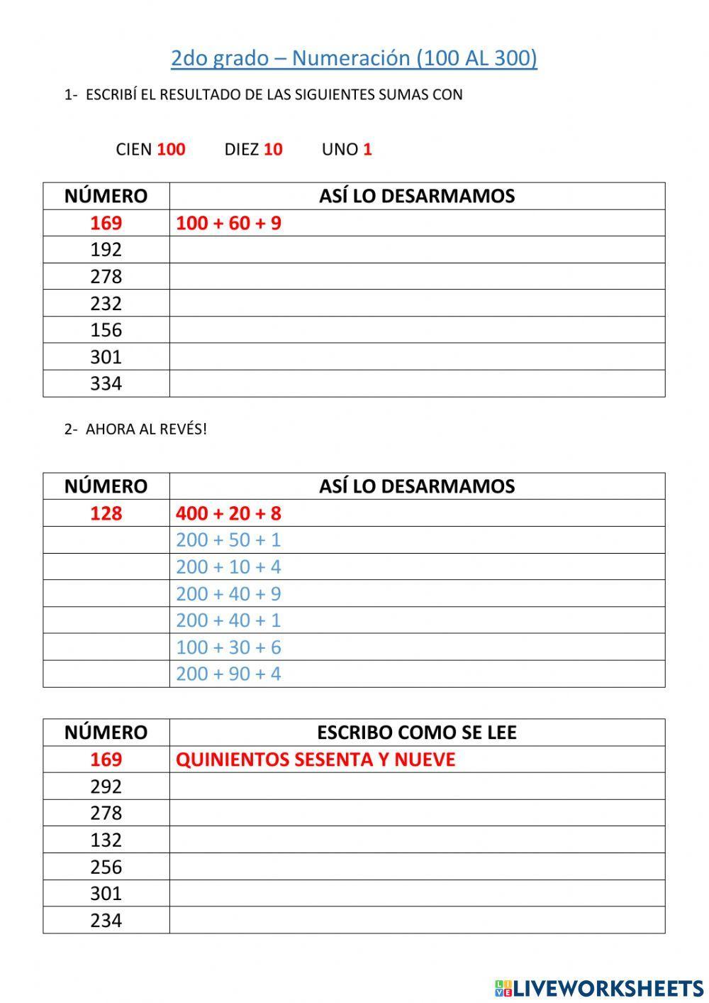 Numeración del 100 AL 300