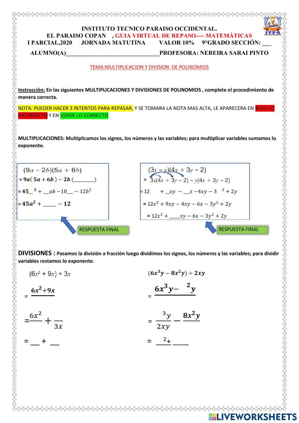 GUIA REPASO Multiplicacion y division de polinomios