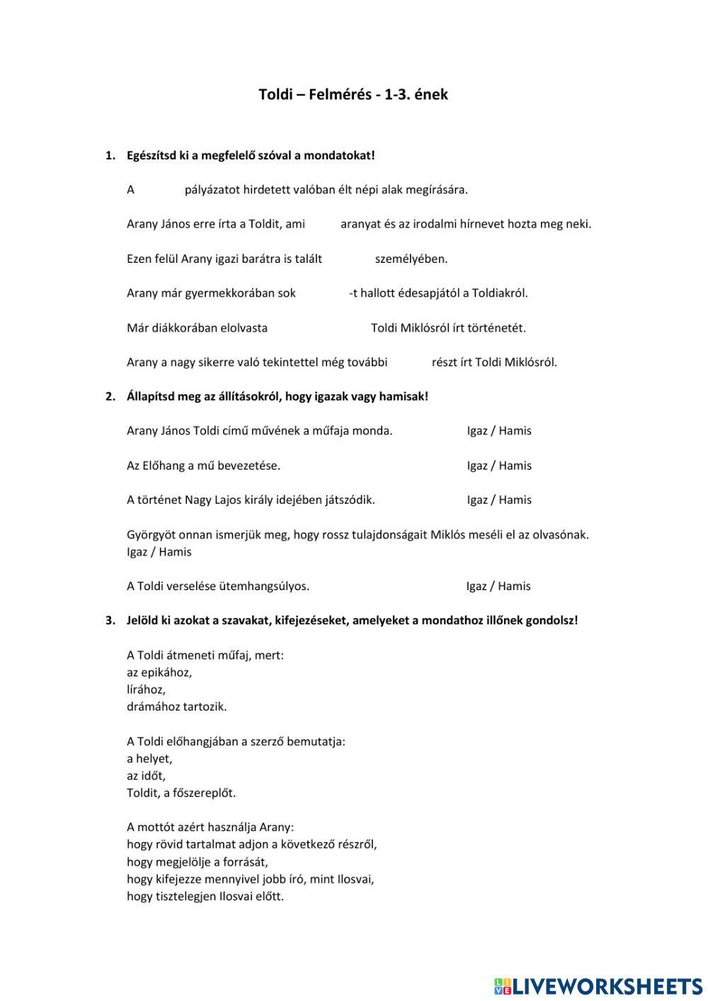 Arany j nos toldi 1 3 online exercise for live worksheets
