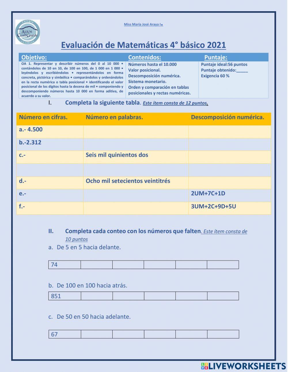 Evaluación de números de 4 cifras