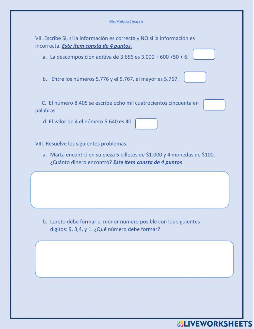 Evaluación de números de 4 cifras