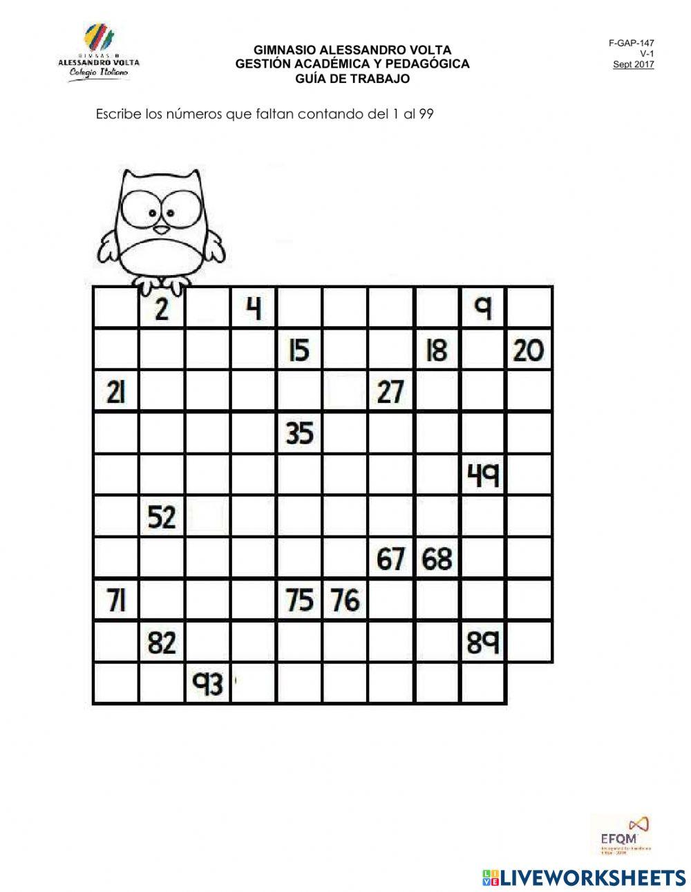 Conteo ascendente 1 al 99