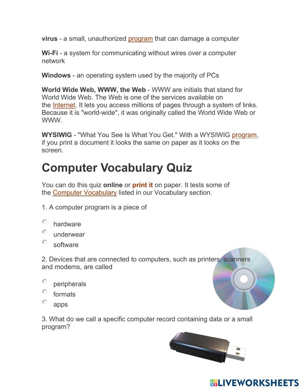 Computer's Vocabulary and Quiz