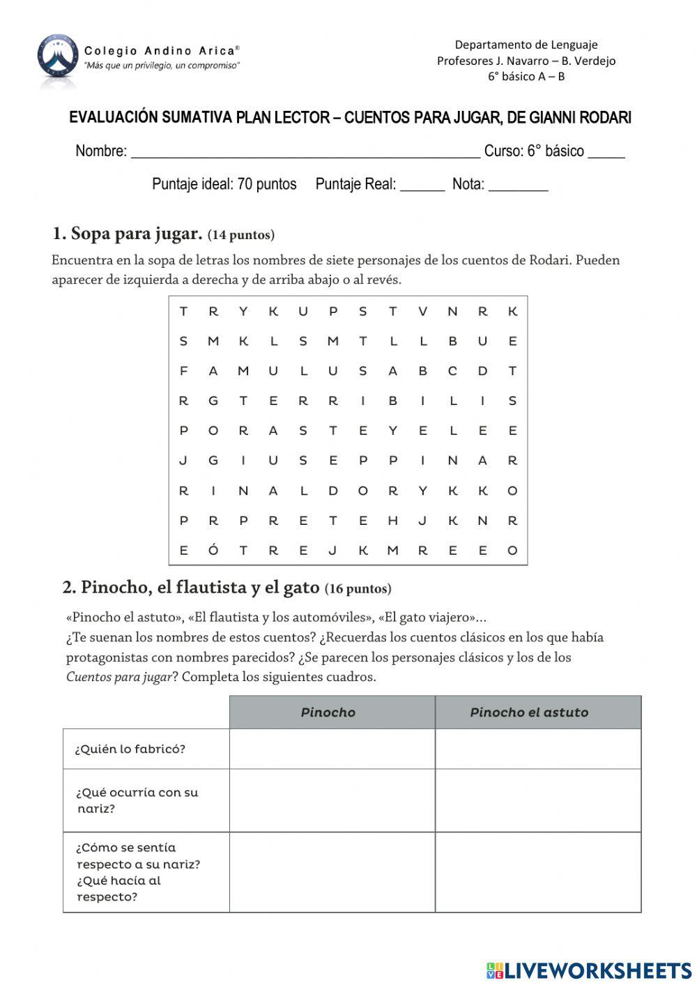 Evaluación Plan lector: Cuentos para jugar, de Gianni Rodari 6° B
