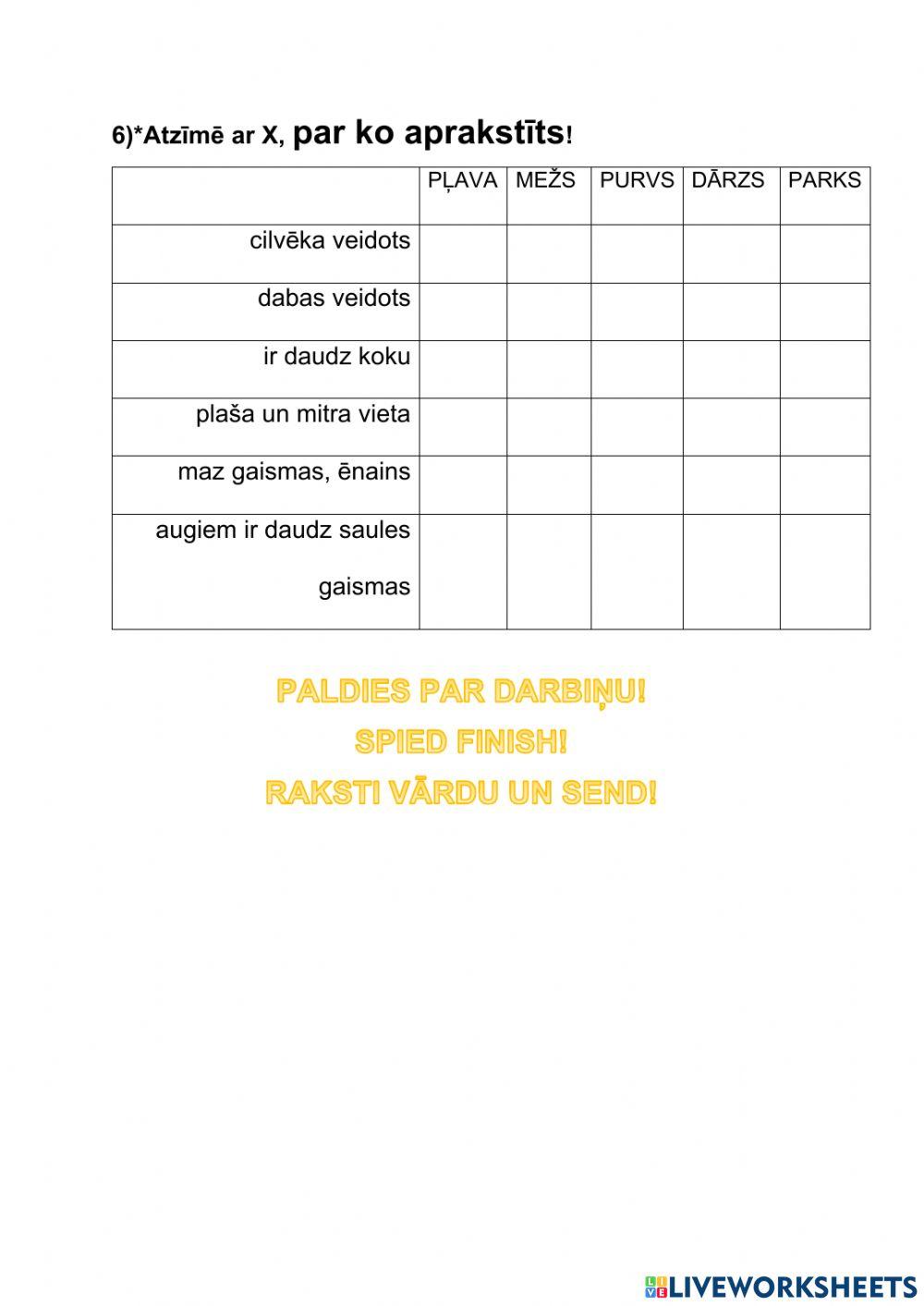 Gatavojos pārbaude darbam  - materiāli, dabas teritorijas. 
