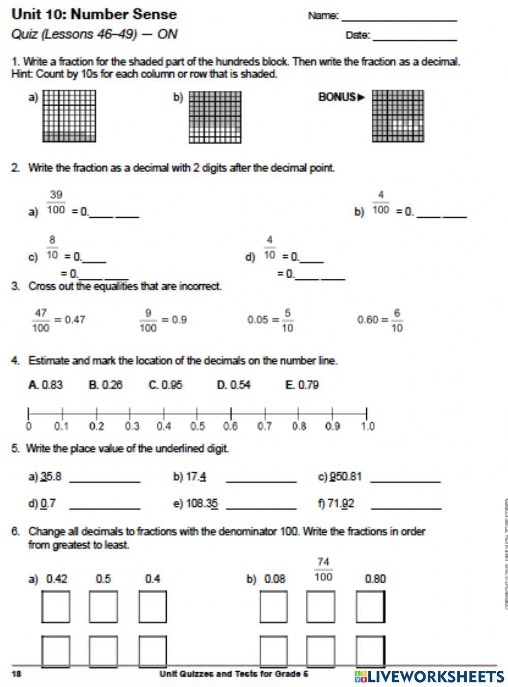 Decimals and fractions quiz